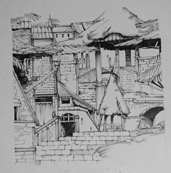 Vẽ tranh đen trắng ngôi làng cổ