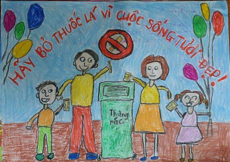 Vẽ tranh thế giới không khói thuốc vứt thuốc lá vào thùng rác