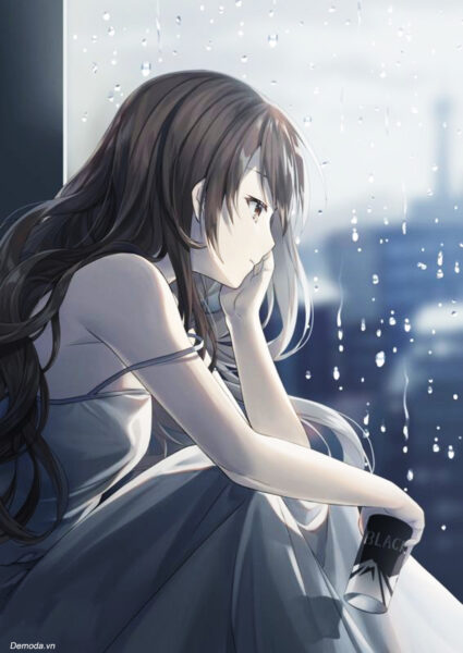 Ảnh hoạt hình buồn cô gái anime ngồi ngắm mưa qua cửa sổ