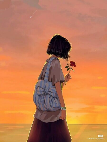 Hình ảnh cô gái buồn quay lưng anime cầm hoa