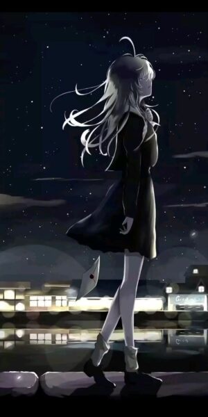 Hình ảnh cô gái buồn quay lưng anime cô đơn trong đêm