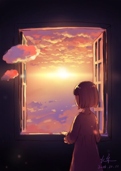 Hình ảnh cô gái buồn quay lưng anime đứng bên cửa sổ ngắm hoàng hôn