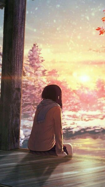 Hình ảnh cô gái buồn quay lưng anime ngồi một mình ngắm tuyết rơi