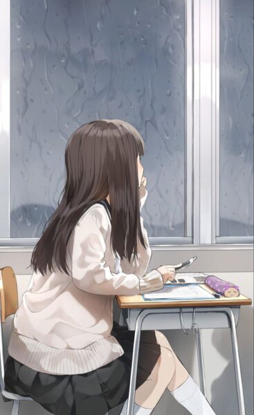 Hình ảnh cô gái buồn quay lưng anime ngồi nhìn ngắm mưa qua cửa sổ