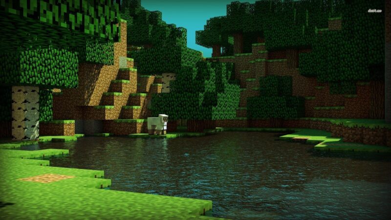 hình nền minecraft rừng cây xanh xanh, dòng nước trong lành