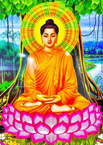 Hình ảnh Phật đẹp 3D tọa trên dài Sen dưới gốc cây Bồ Đề