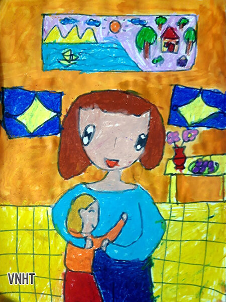 tranh vẽ 20-10 mẹ ôm em trong lòng đẹp, tình cảm