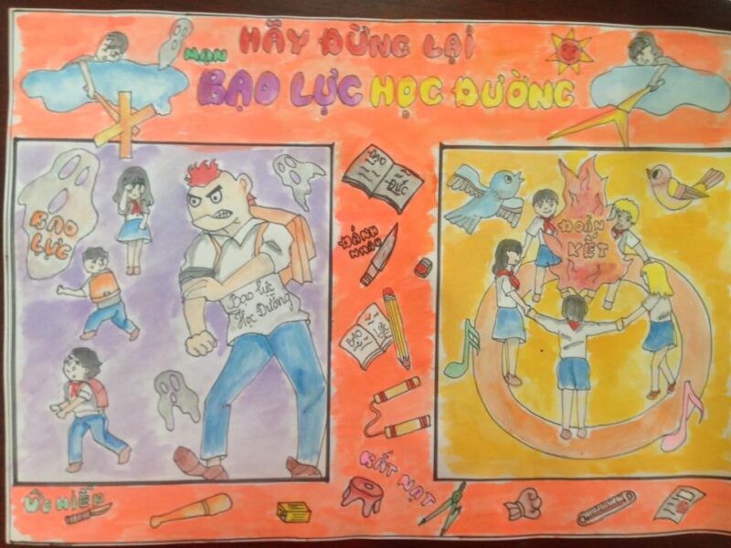 tranh vẽ bạo lực học đường hãy dừng lại hành động bạo lực