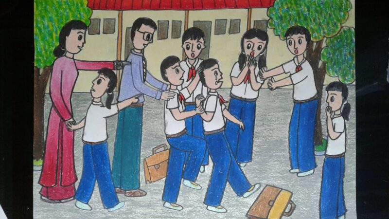 tranh vẽ đề tài bạo lực học đường can ngăn cuộc ẩu đả của học sinh