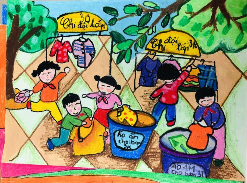 tranh vẽ đoàn thanh niên cộng sản Hồ Chí Minh chuẩn bị áo ấm cho trẻ em dân tộc thiểu số