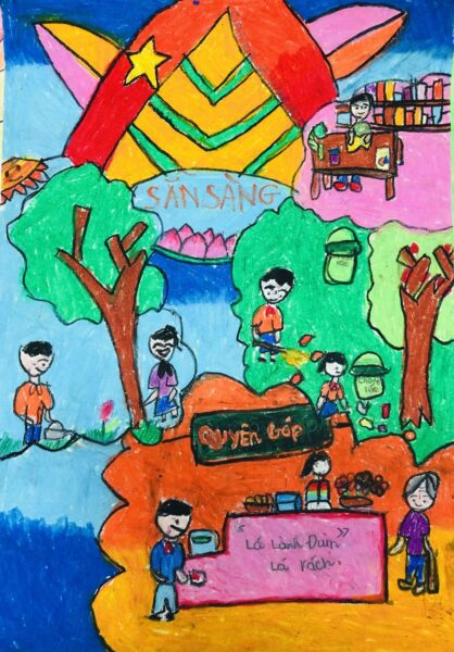 tranh vẽ đoàn thanh niên cộng sản Hồ Chí Minh sẵn sàng quyên góp giúp đỡ đồng bào