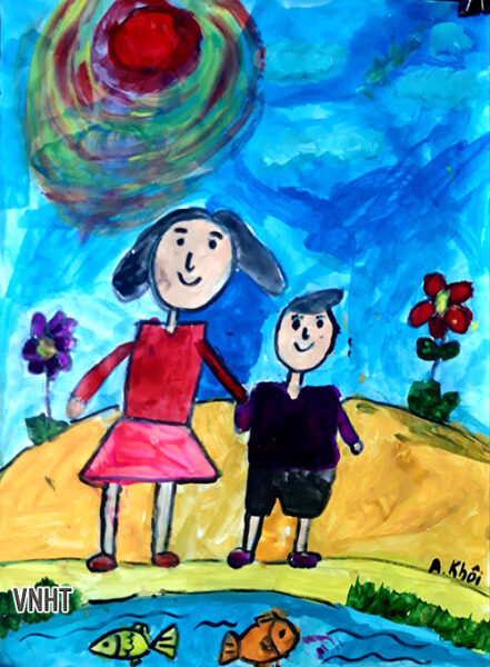 vẽ tranh 20-10 bé đi chơi công viên cùng mẹ