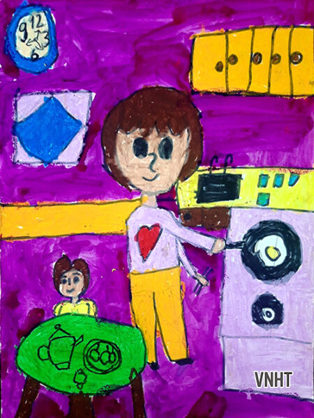 vẽ tranh 20-10 khung cảnh mẹ nấu ăn cho cả nhà