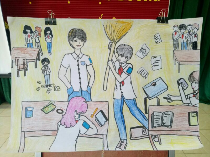 vẽ tranh bạo lực học đường ăn hiếp, đánh bạn ở lớp học