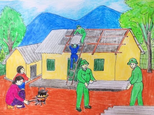 Vẽ tranh đoàn thanh niên cộng sản Hồ Chí Minh giúp đỡ nguwoif dân dựng nhà