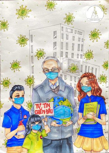 Vẽ tranh đoàn thanh niên cộng sản Hồ Chí Minh kề vai chiến đấu cùng bác Đam tring công cuộc đẩy lùi virus