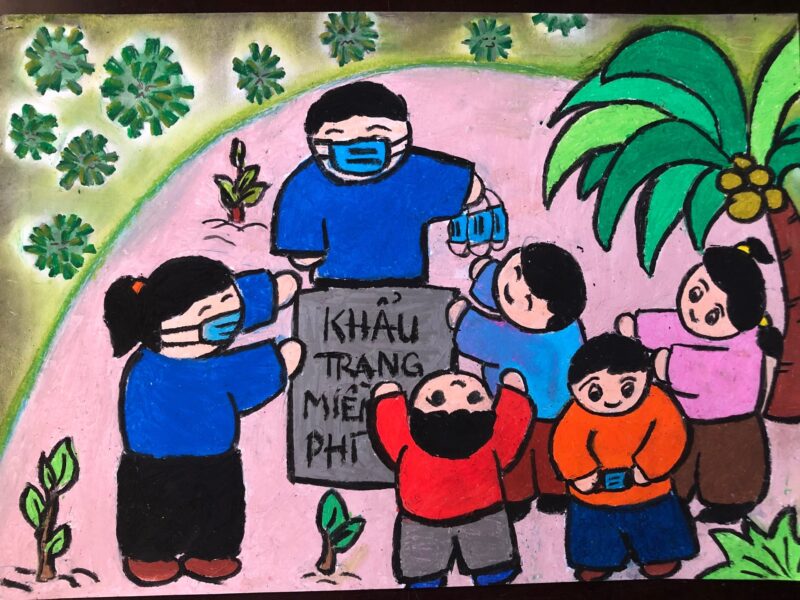 Gemälde der Kommunistischen Jugendunion von Ho Chi Minh, die Masken an Kinder verteilt