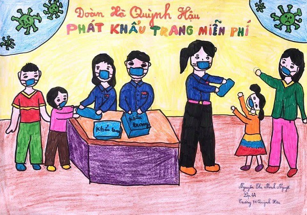 Tranh vẽ Đoàn TNCS Hồ Chí Minh đang tích cực phát khẩu trang phòng chống dịch cho người dân