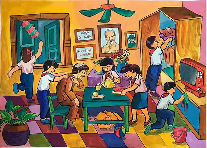 vẽ tranh thiếu nhi Lâm Đồng mừng đại hội Đoàn đến thăm nhà người có công