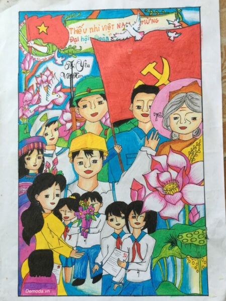 Vẽ tranh thiếu nhi mừng đại hội Đoàn cực đẹp đơn giản