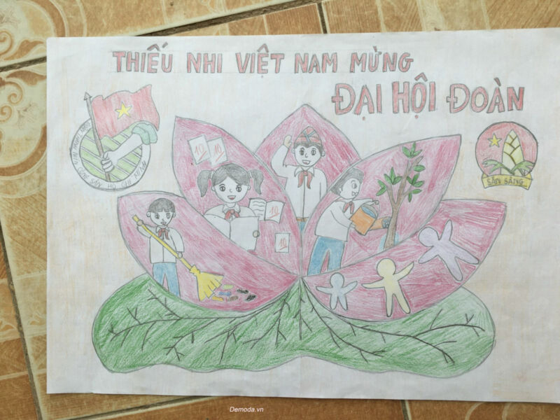 Vẽ tranh thiếu nhi mừng đại hội Đoàn đơn giản của học sinh
