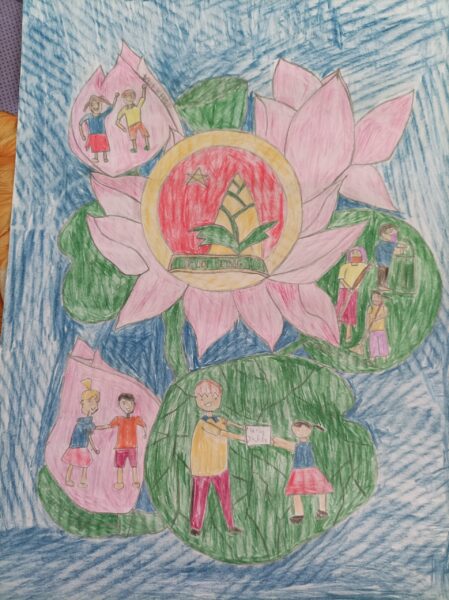Kindermalerei zur Feier des Kongresses der Kreativunion mit Lotusblumen