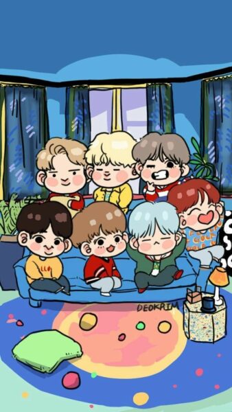 hình ảnh bts chibi cùng tụ họp ở phòng khách