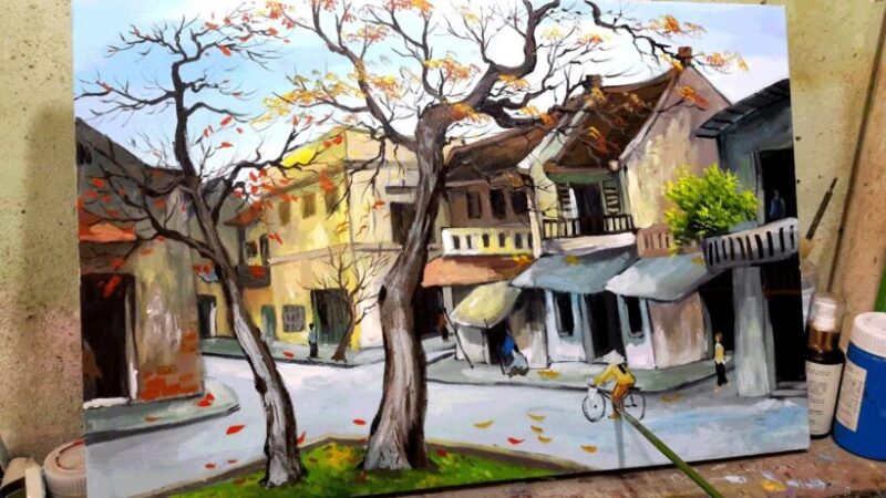 tranh vẽ chủ đề danh lam thắng cảnh Hà Nội phố vào thu