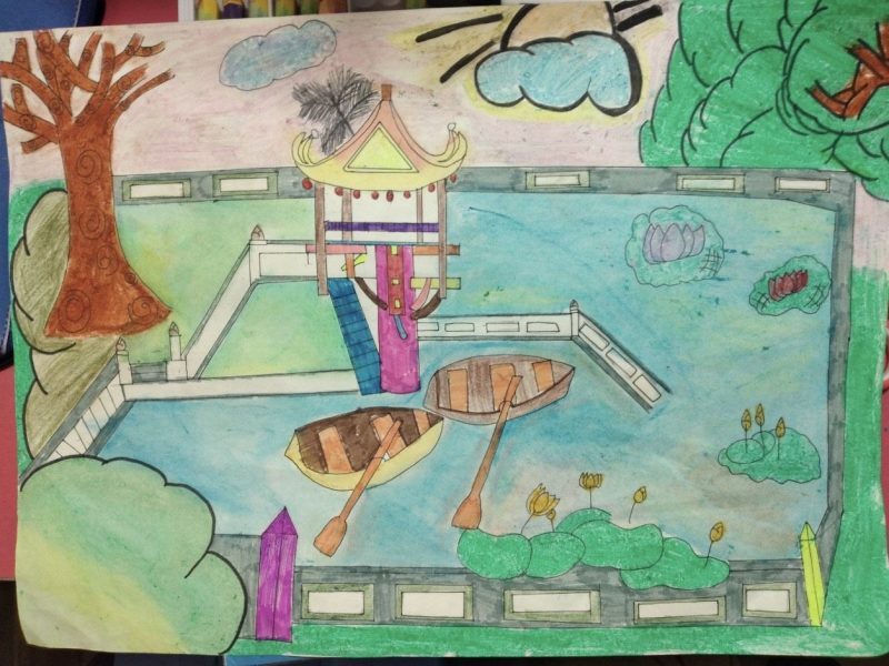 tranh vẽ danh lam thắng cảnh Hà Nội chùa Một Cột góc nhìn từ cao xuống