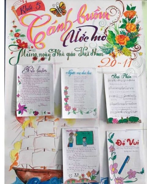 mẫu báo tường 20 11 trang trí hình cánh buồm và hoa