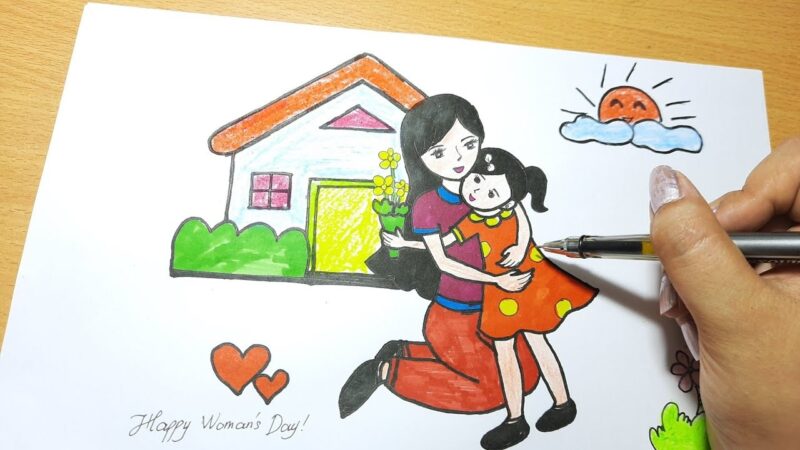 Vẽ tranh ngày 8 tháng 3 bé ôm mẹ