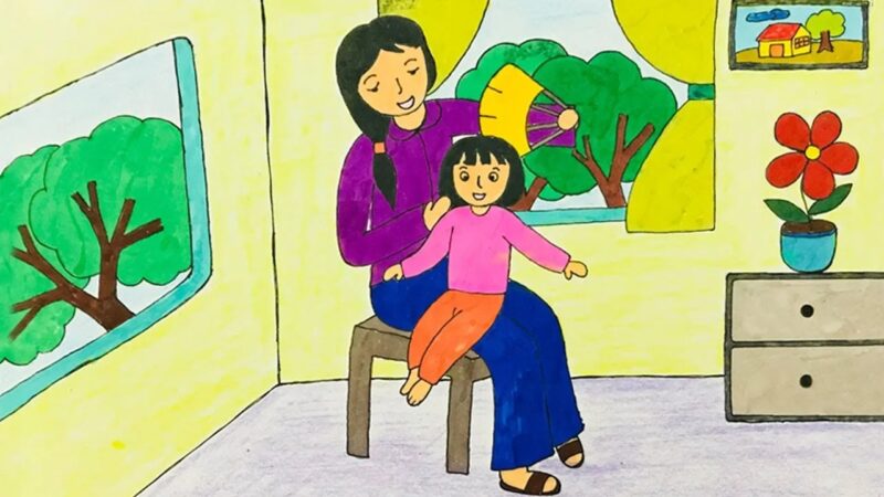 vẽ tranh ngày 8 tháng 3 mẹ quạt cho bé