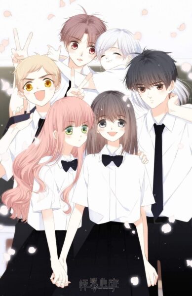 Ảnh anime nhóm nhóm bạn thân nam nữ 5 người đứng chụp ảnh