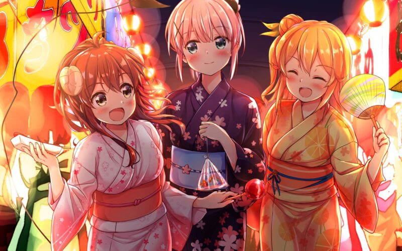 Hình ảnh anime nhóm bạn thân 3 người mặc đồ kimono