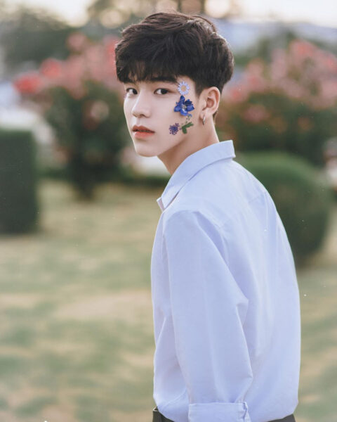 Hình trai đẹp Trung Quốc cài hoa trên mặt