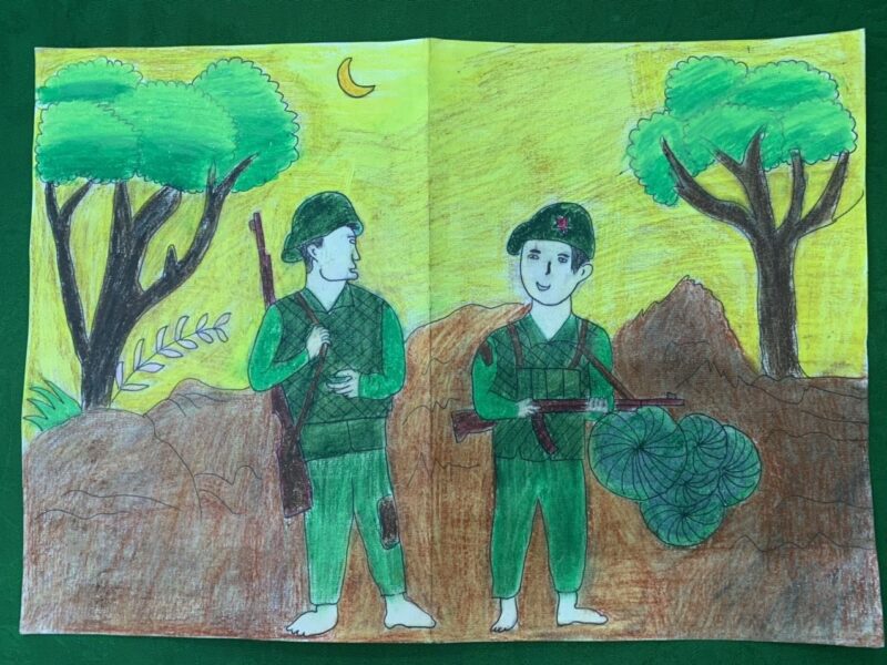 tranh vẽ 22 12 2 chú lính nói chuyện cùng nhau