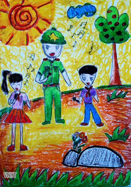 tranh vẽ 22 12 chú bộ đội hát ca cùng trẻ em