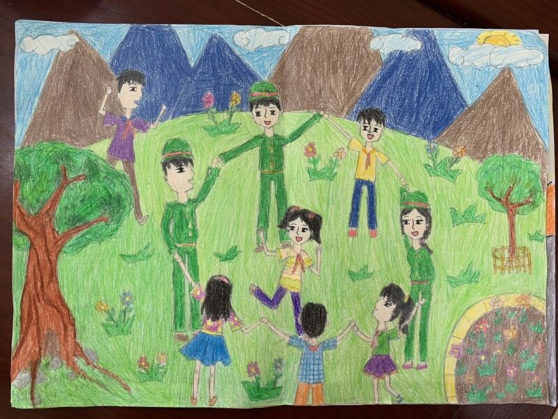 tranh vẽ đề tài 22 12 các chiến sĩ vui chơi cùng em nhỏ