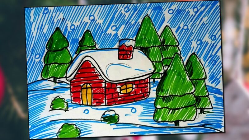 tranh vẽ đề tài giáng sinh ngôi nhà trong cơn mưa tuyết