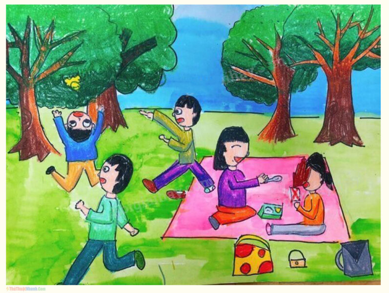 tranh vẽ đề tài mái ấm gia đình buổi dã ngoại vui vẻ