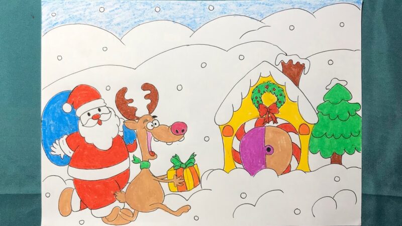 tranh vẽ giáng sinh ông già noel và tuần lộc đi phát quà