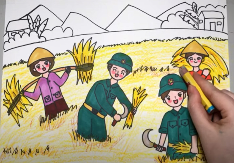 Vẽ tranh chú bộ đội gặt lúa cùng nhân dân