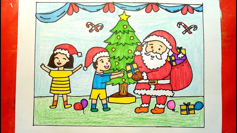 Vẽ tranh giáng sinh ông già noel tặng quà cho trẻ em
