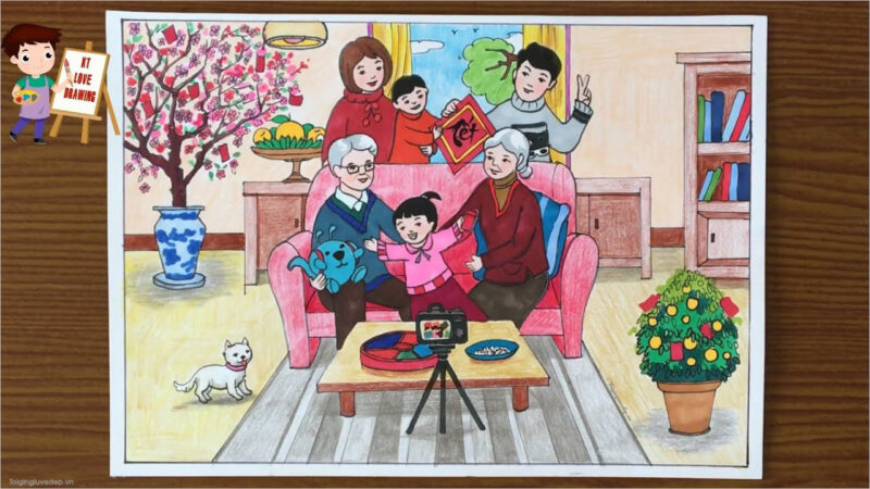 Vẽ tranh mái ấm gia đình cả nhà chụp ảnh tết