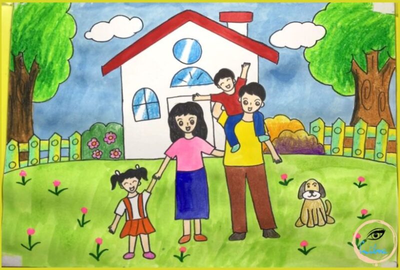Vẽ tranh mái ấm gia đình chụp ảnh cùng nhau