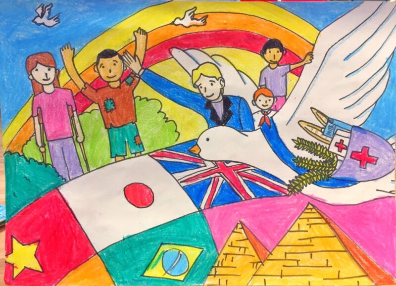 Vẽ tranh ý tưởng trẻ thơ về thế giới hòa bình