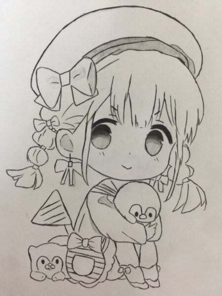 Hình vẽ chibi ôm mèo con