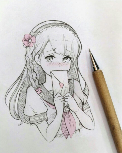 Hình vẽ cô gái chibi bằng bút chì kim