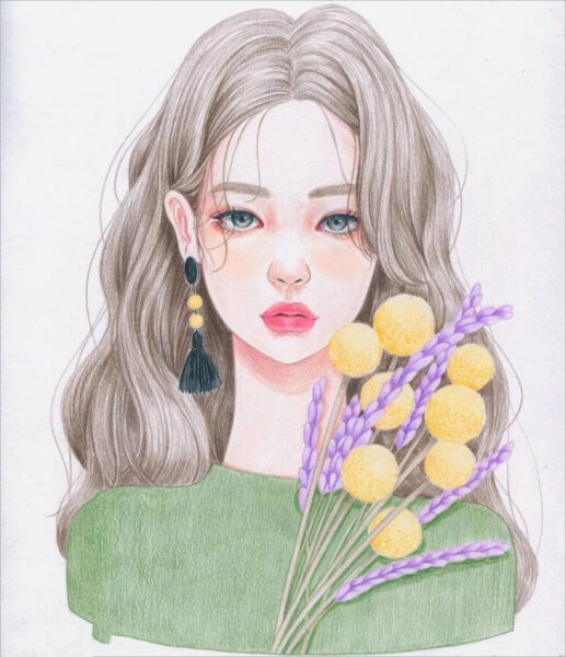 Hình vẽ con người cô gái và bó hoa