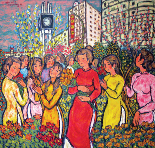 Tranh vẽ đề tài chợ tết chị em váy vóc xinh đẹp đi chợ